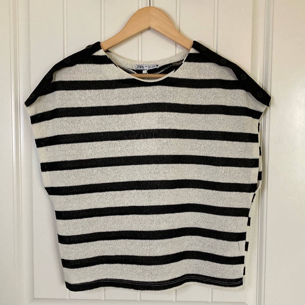 Zara Womens Sleeveless Knit Shirt Top M Cream Black Stripes Career Summer